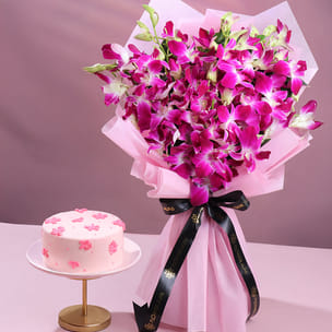 Purple Orchids N Floral Cake Combo Purple Orchids N Floral Cake Combo